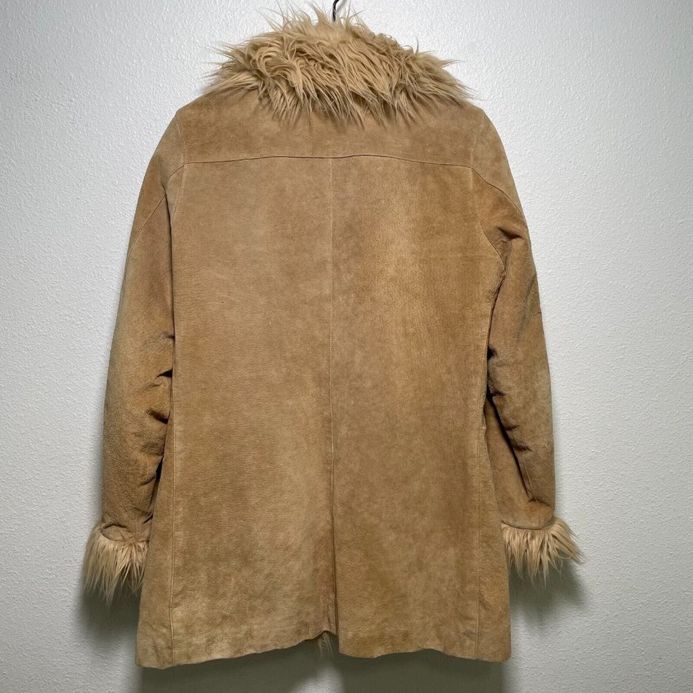 Vintage Wilson's Suede Leather Tan Faux Fur Trim Boho Y2K Coat Jacket Large JLO - Picture 5 of 12
